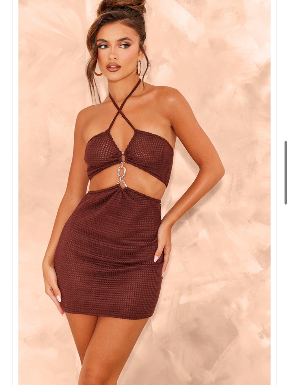 PrettyLittleThing Chocolate Waffle Texture Halterneck Mini Dress